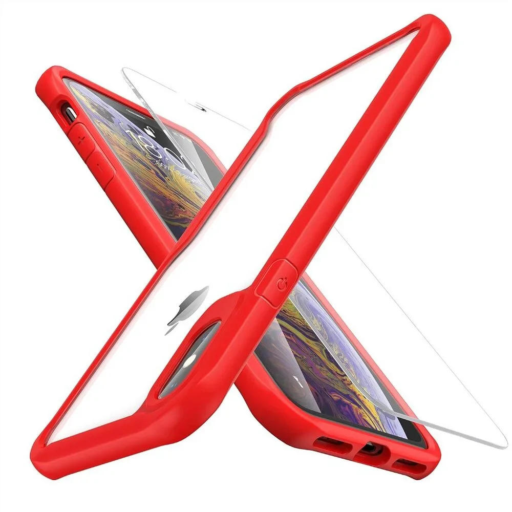 case for iPhone X/XS with 2 Tempered Glass Screen Protectors red and clear